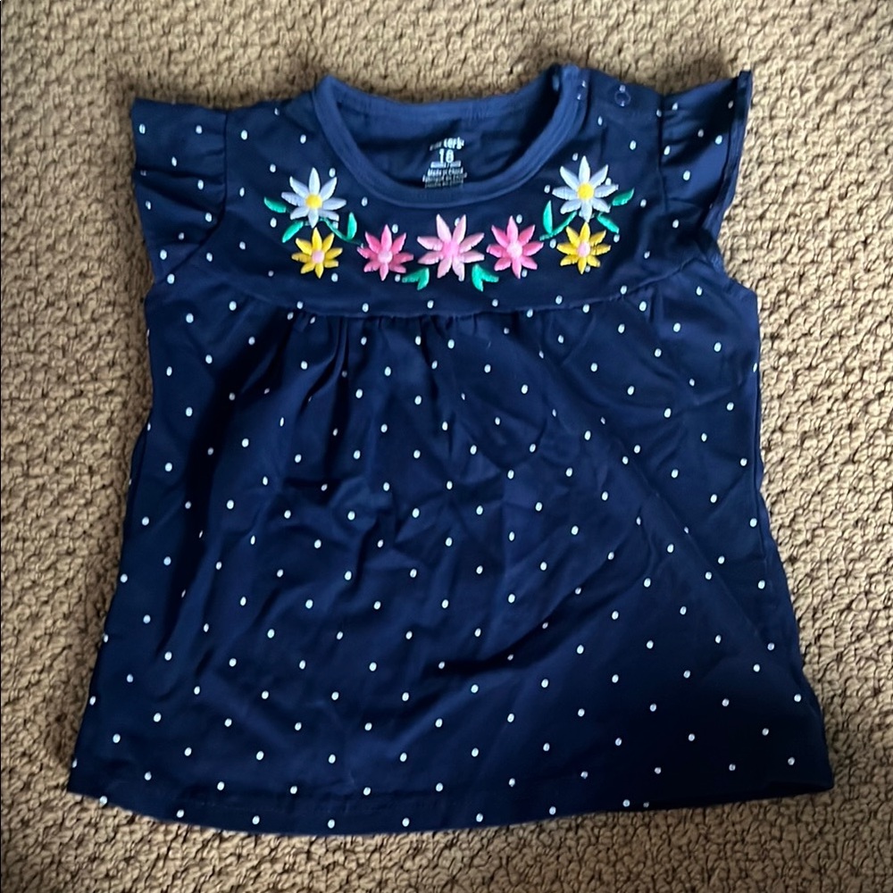 Carter's Blue and White Short Sleeve Tee with Polka Dots and Ruffled Sleeves